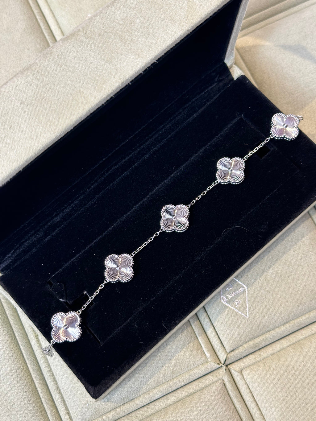 van cleef & arpels White Gold Guilloche Vintage Alhambra Bracelet 5 Motif