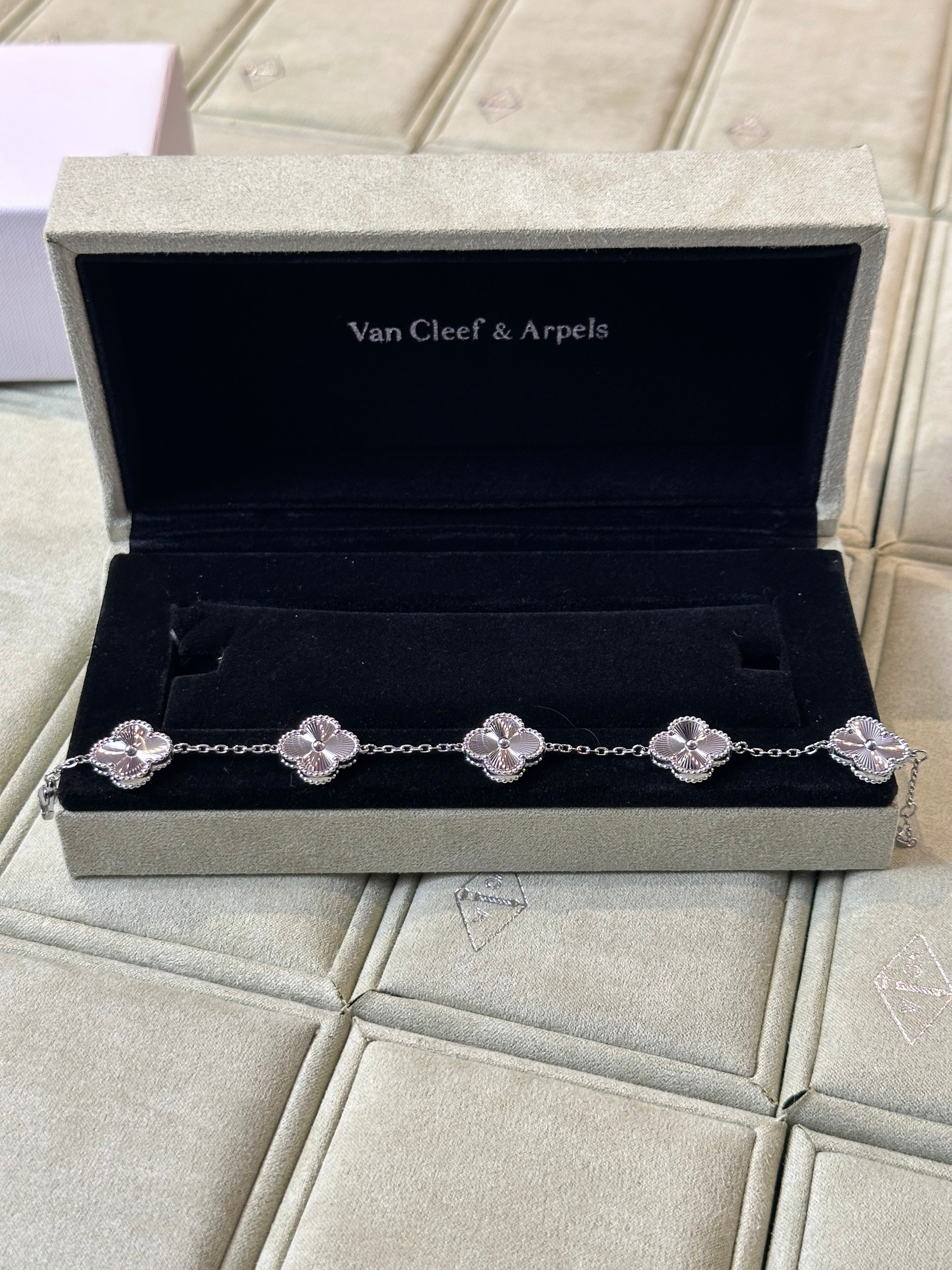 van cleef & arpels White Gold Guilloche Vintage Alhambra Bracelet 5 Motif