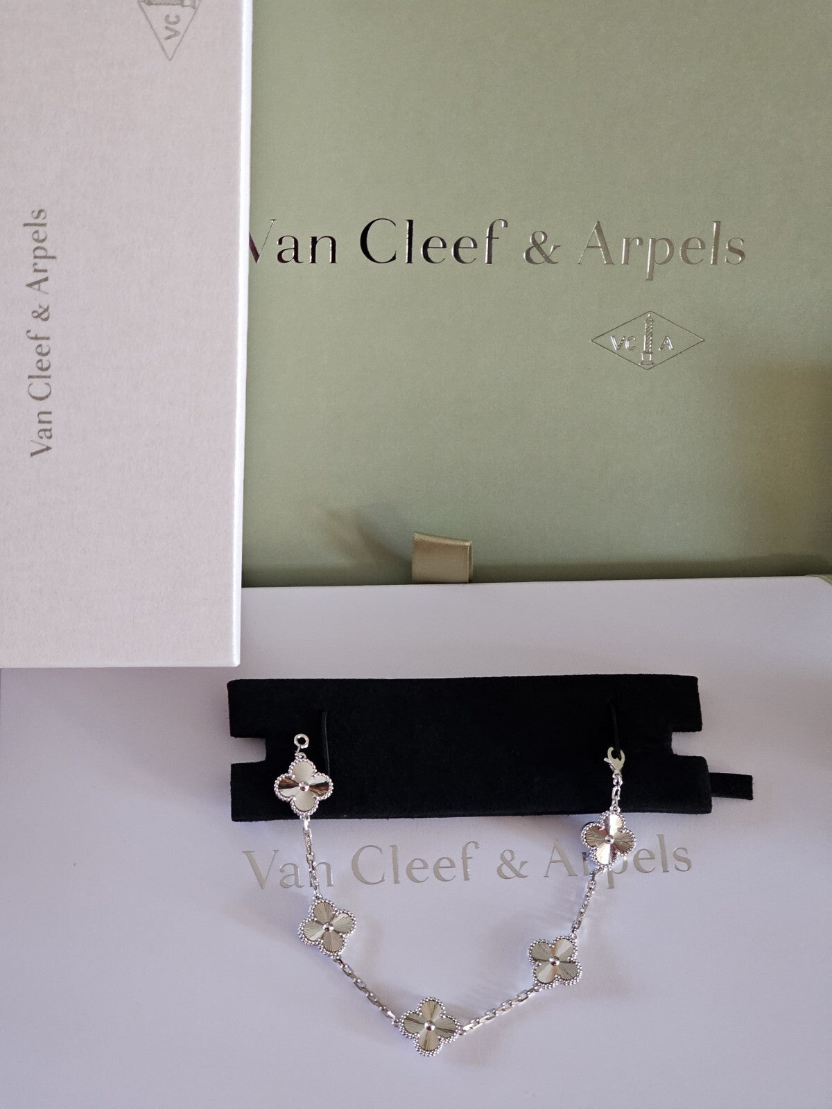 van cleef & arpels White Gold Guilloche Vintage Alhambra Bracelet 5 Motif